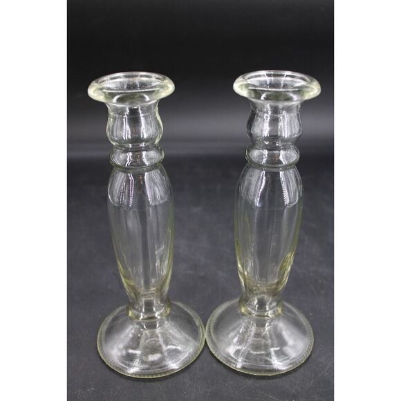 VIDRIOS San Miguel 2 Candlesticks Vases Clear Green Tined Recycled Glass 8.75" - Picture 2 of 6